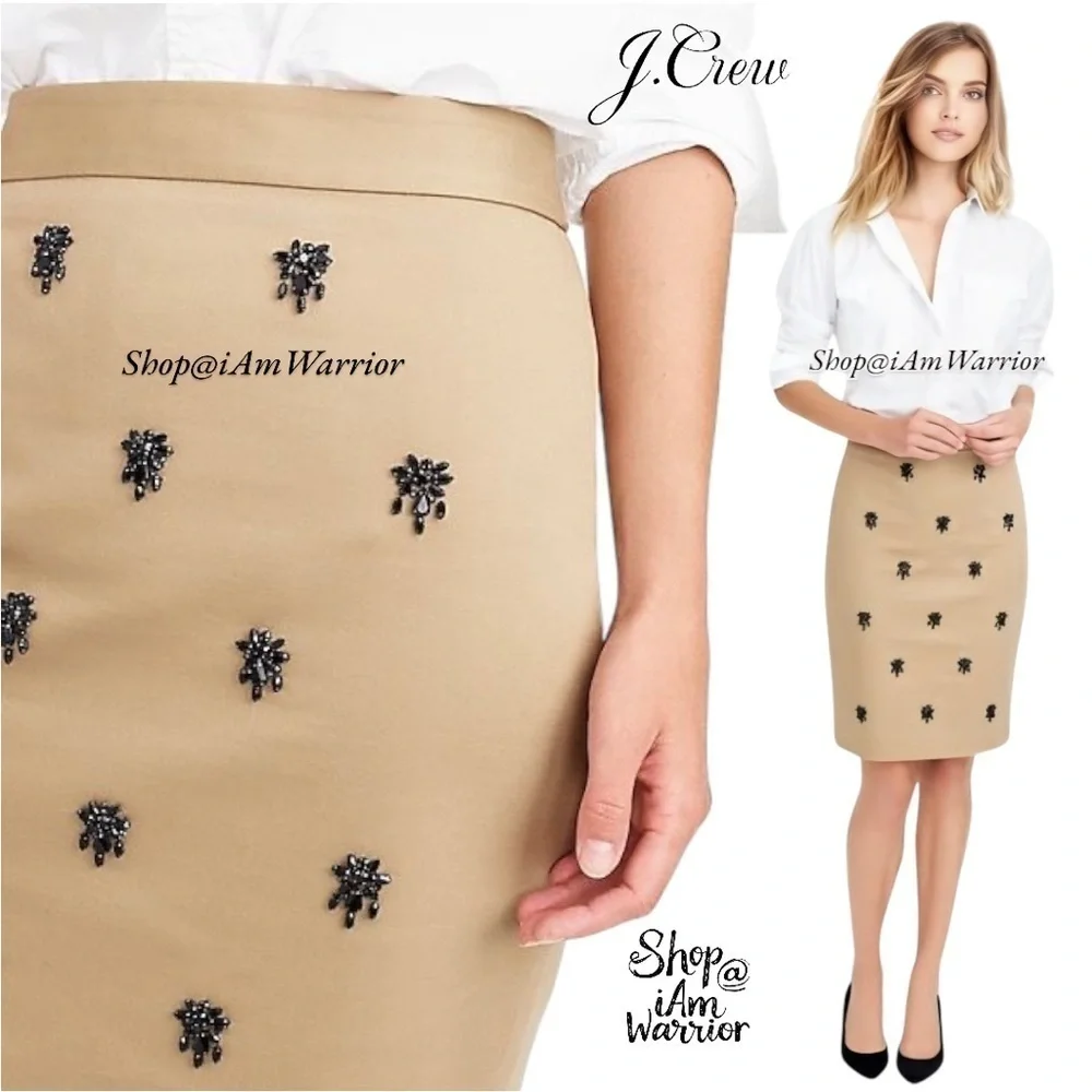 J.Crew NWT tan pencil skirt w/ black beaded jewel embellishments shop@iamwarrior